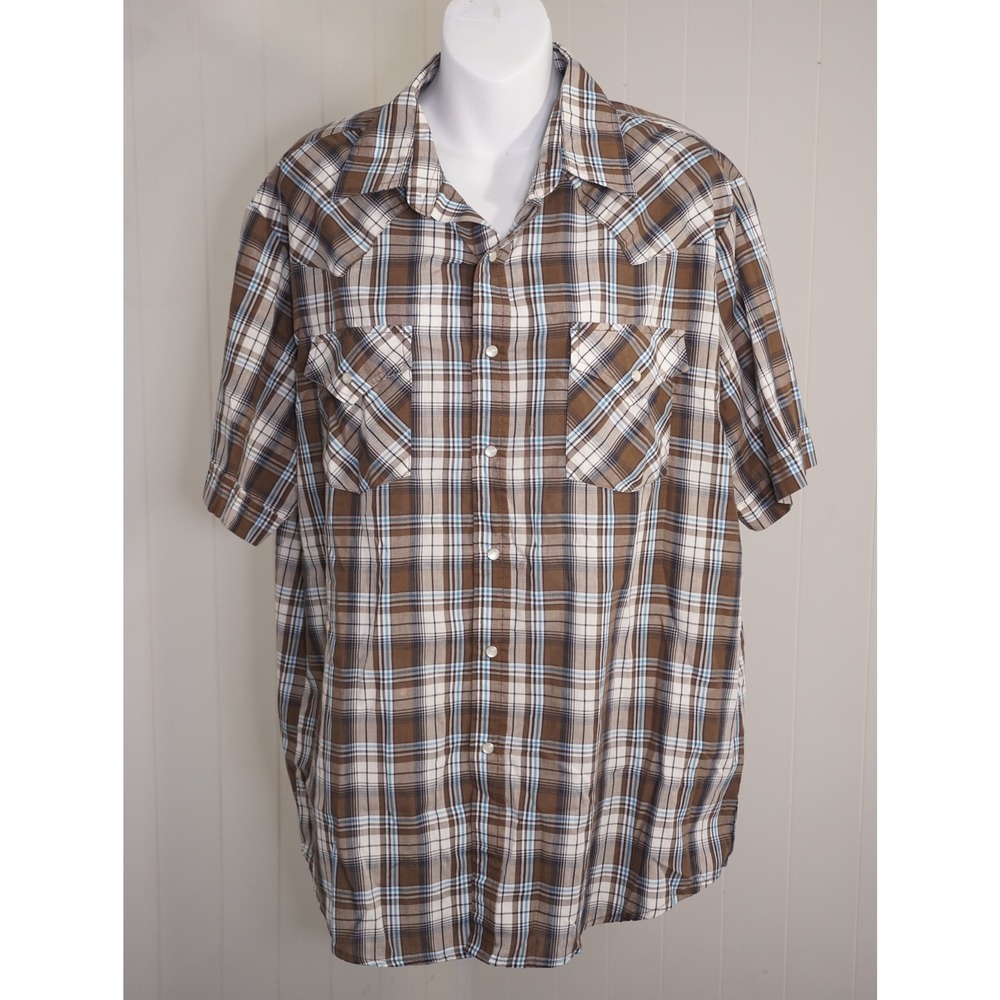 Plains Large Brown Plaid Short Sleeve Western Pearl Snap Shirt